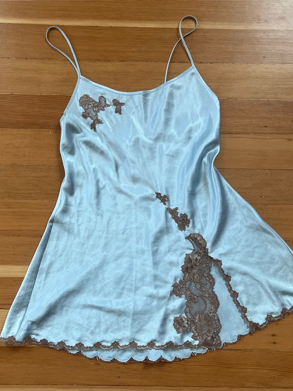 Y2k 2000s Victoria’s Secret baby blue slip dress with brown lace trim